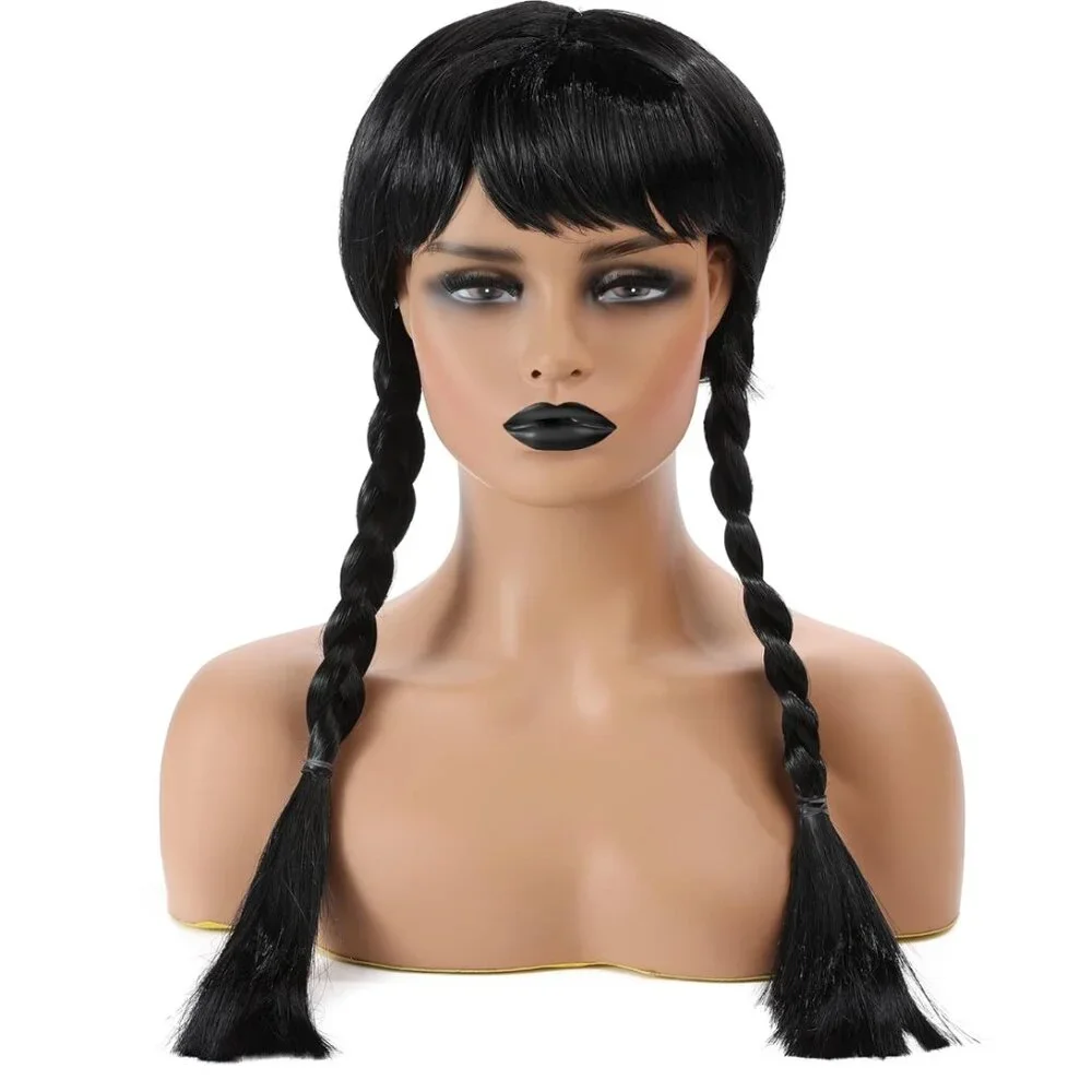 KIDS Wednesday Long Black Braided Wig with Bang for Kids & Girls